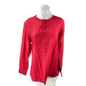 NEW Fabindia Womens Red Silk Button Long Sleeve Henley Shirt Blouse Top Size S